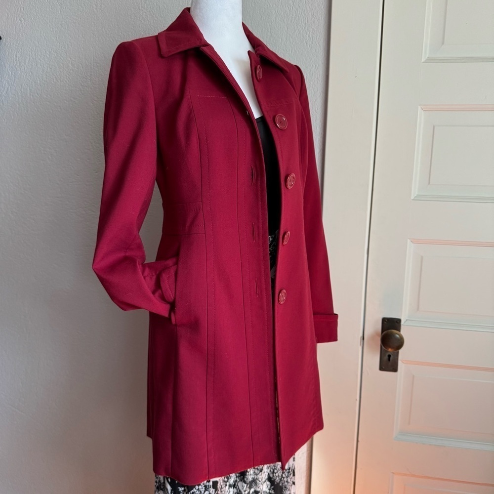 LOFT Cherry Red Trench Coat with Tailored Mid-Length Style - Picture 4 of 12